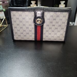 Authentic Gucci Gray and Navy Blue Wallet with Red Stripe/ Sherry Line